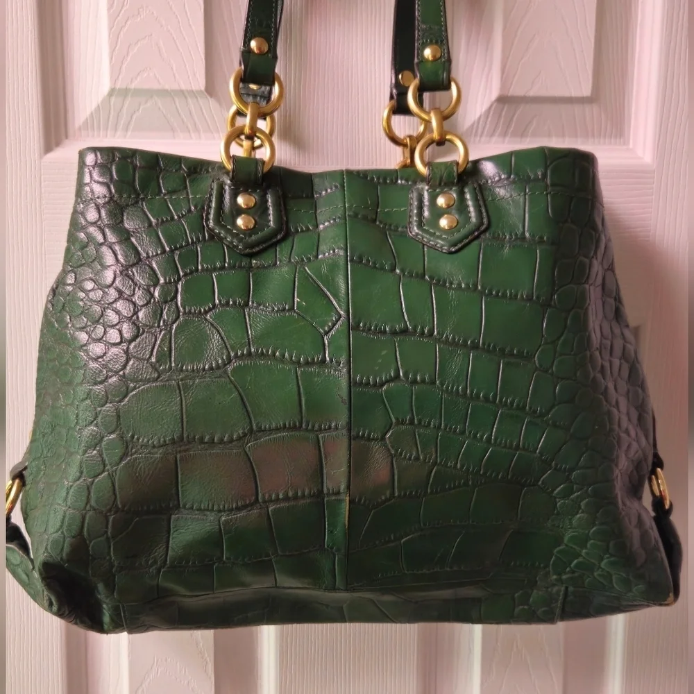 Coach Ashley Hunter Green Leather Croc Embossed Tote Bag